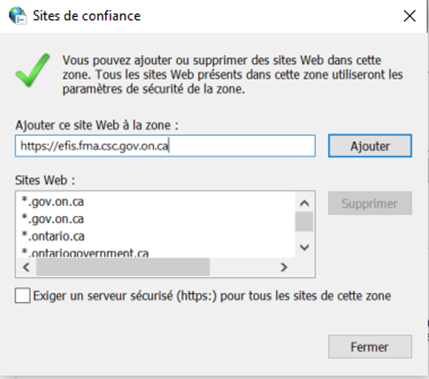 Ajout de l'URL EFIS à la zone de site Web de confiance